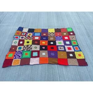 Vintage Handmade Crochet Afghan Granny Square Multi-Color Bright Mismatch Kitsch